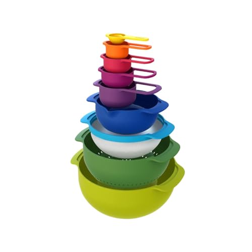 Joseph Joseph Nest 9 Plus, 9 Piece Compact Food Preparation Set with Mixing Bowls, Measuring cups, Sieve and Colander, MultiColor - color: Multicolour, style: Plastic