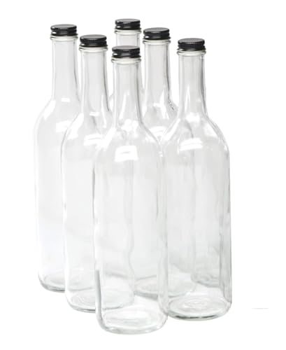 North Mountain Supply 750ml Clear Glass Bordeaux Wine Bottle Flat-Bottomed Screw-Top Finish - with 28mm Black Metal Lids - Case of 6