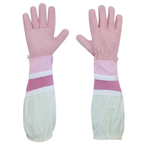 Pink Children Beekeeping Gloves Cowhide Leather Ventilated Sting Resistant Kids Bee Gloves Protective Long Sleeve Durable Grip (L) - size: Large