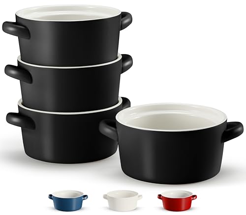 Kook Soup Crocks, Ceramic Stackable Bowls, Broil, Oven, Microwave and Dishwasher Safe, with Handles, For Casserole, Pasta, Cereal, Capacity 18 oz, Set of 4, (Matte Black) - color: Matte Black
