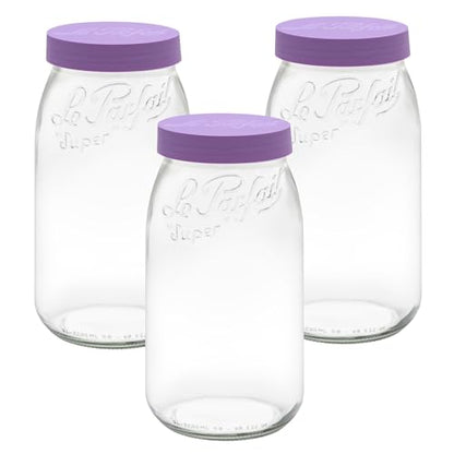 Le Parfait Eco-Friendly Zero Waste Wide Mouth Glass Jar with Airtight Screw Top Lid - Reusable French Storage Jar for Food, Soup, Flour, Sugar, Canning & Baking (3L/96oz, 3 Pack, Violet) - color: 3L-Violet (Set/3)