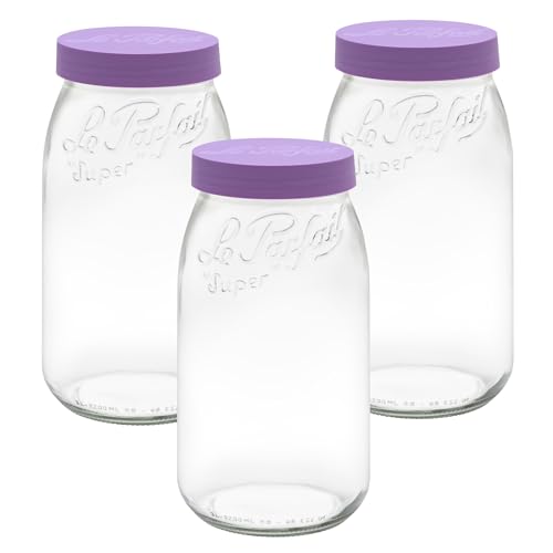 Le Parfait Eco-Friendly Zero Waste Wide Mouth Glass Jar with Airtight Screw Top Lid - Reusable French Storage Jar for Food, Soup, Flour, Sugar, Canning & Baking (3L/96oz, 3 Pack, Violet) - color: 3L-Violet (Set/3)