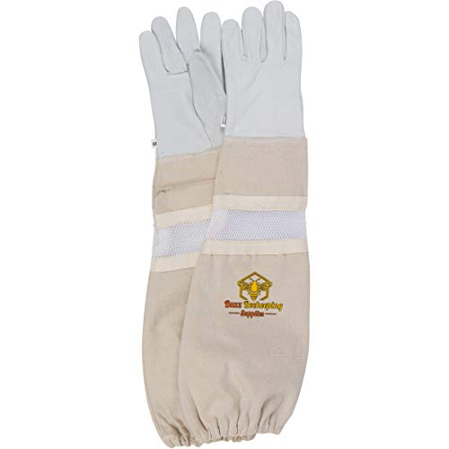 Beekeeping Gloves X-Large Ventilated Sleeves - Elastic Sting Proof Gauntlet Cuffs ★ Genuine Cow Leather ★ Long Thick Sleeves ★ Apiary Vented Bee Gloves ★ Professional or Beginning Beekeeper - size: X-Large