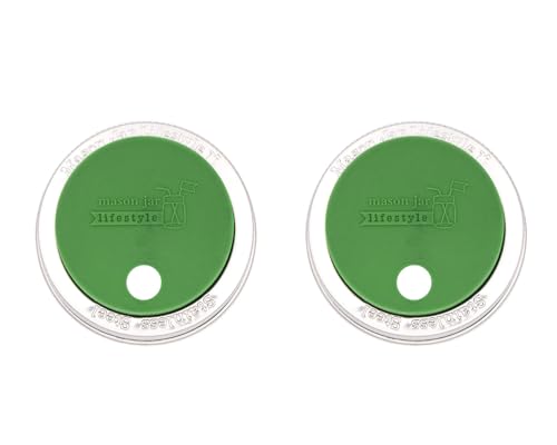 2 Pack, Leaf Green, Regular Mouth Silicone Straw Hole Tumbler and Fermentation Lids with Stainless Steel Bands by Mason Jar Lifestyle - color: Leaf Green, size: Regular Mouth