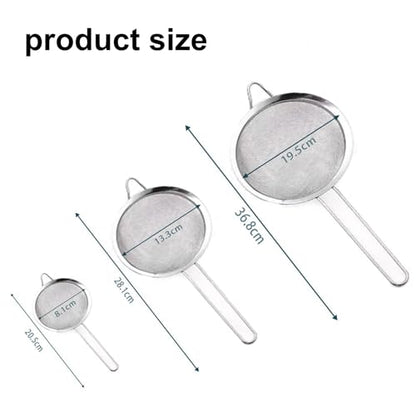 3Pcs Stainless Steel Fine Mesh Strainer Set (Small/Medium/Large) – Metal Sieve Sifter with Handle, Ideal for Rice/Juice/Quinoa/Flour, Kitchen Baking & Straining Tools