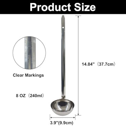 8 Oz Stainless Steel Ladle, 3 Pcs, 15" Long Handle Length | 3.9" Bowl Diameter, Sturdy Soup Ladle, For Stirring, Portioning and Serving, Soup and Stew, Restaurants and Home - size: 8 oz