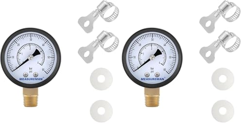 MEASUREMAN CO2 Regulator Gauge Set for Beer Kegs, 0-60 PSI, Dual Scale, Bar/PSI, 2’’ Dial, 1/4’’ NPT, Radial Mount, Black Iron Case, Aluminum Pointer, with Hose Clamps& Nylon seals (Pack of 2) - size: 1pc (Pack of 2), style: 0-60 psi With Washers&Clamps