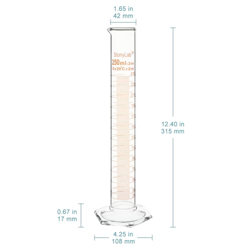 stonylab Graduated Cylinder, 2-Pack B Grade Borosilicate Glass Cylinder with Stable Hexagonal Base, 250 ml - size: 250 ml