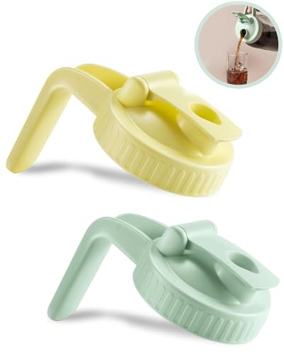 2 Pack Wide Mouth Mason Jar Lids V-Shaped with Handle, Mason Jar Pour Spout with Extended Flip Lid Easy to Open, Airtight Leak Proof and Durable (Jars Not Included) - color: Green+Yellow, size: 2pcs