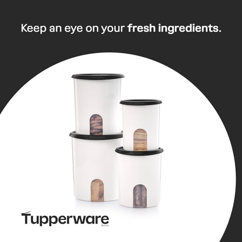 Tupperware One Touch Reminder Canisters 4 Canister Food Storage Set in White & Black, Dishwasher Safe and BPA Free, (4 Containers, 4 Lids) - color: 4 Canister Set - One-Touch White/Black
