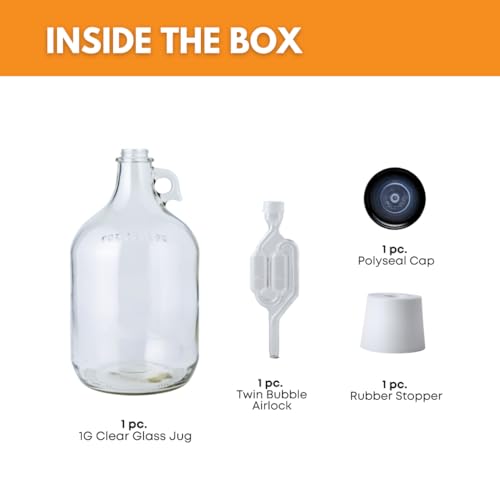 FastRack 1 Gallon Glass Jug with Black Polyseal Cap, 6.5 Rubber Bung & Twin Bubble Airlock – Fermentation jugs for Home Brewing, Clear Glass Fermenter Containers for Liquid Fermentation - size: 1 Gallon