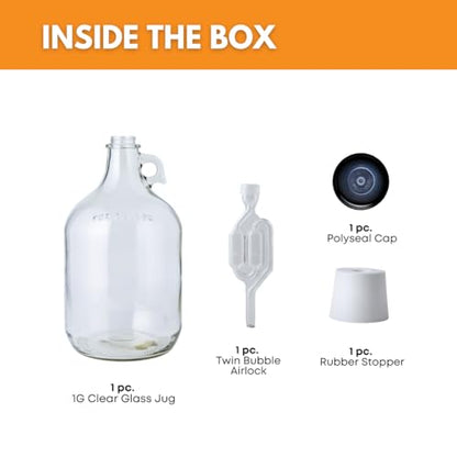 FastRack 1 Gallon Glass Jug with Black Polyseal Cap, 6.5 Rubber Bung & Twin Bubble Airlock – Fermentation jugs for Home Brewing, Clear Glass Fermenter Containers for Liquid Fermentation - size: 1 Gallon