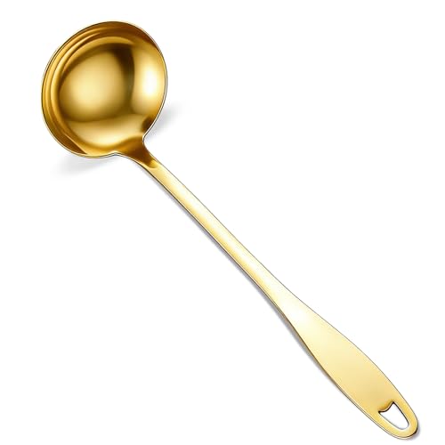 304 Stainless Steel Metal Ladle, Gold Soup Ladle Large Serving Spoon with 11.6" Handle for Cooking Stirring, Dishwasher Safe