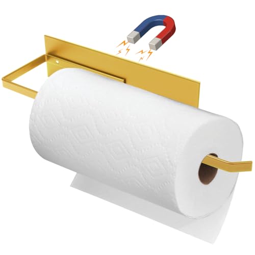 Gold Paper Towel Holder, Magnetic Paper Towel Holder for Fridge, Toilet Paper Roll Holder Magnet Towel Rack Wall Mount Fridge Organizer for Paper Towels Rolls Bathroom Pantry RV Kitchen Storage Golden - color: Gold