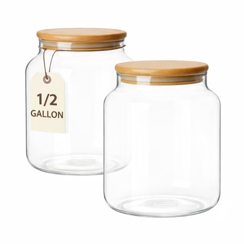 kitchentoolz 1/2 Gallon Mason Jar – 64 oz Wide Mouth Half Gallon Glass Jar with Wooden Lid – 2‑Pack Large Mason Jars for Kitchen Storage, Pantry Organization & Decorative Use