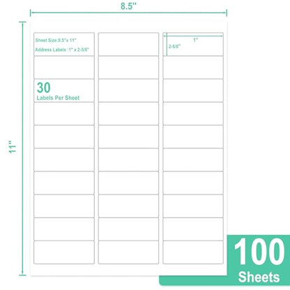 L LIKED Printable Address Labels, 1" x 2-5/8", 3,000 Stickers, 30 per Sheet, Mailing Labels for Envelopes (100 Sheets) - size: 100 Sheets