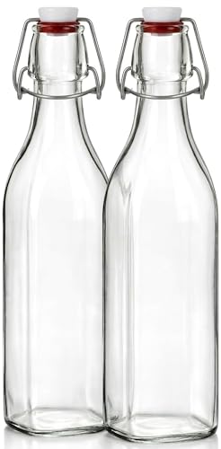 Clear SQUARE Swing Top Glass Bottles With Lids - 33.75 Oz - Airtight Flip Top Glass Water Bottles Great For Oil And Vinegar, Beverages, Juices, Smoothies - (2 Pack) (Not For Carbonated Beverages)