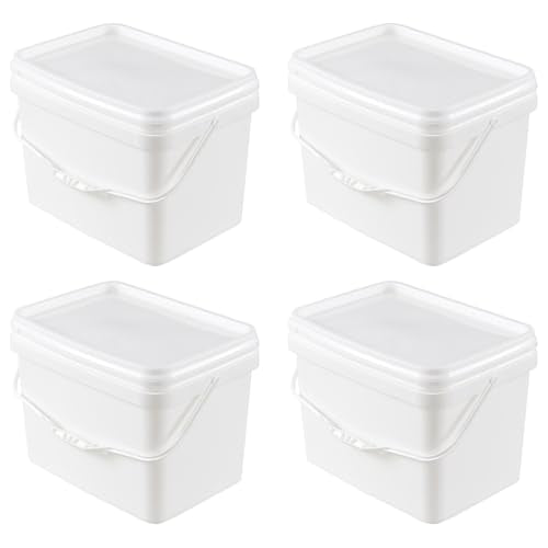 Pack of 4 Paint Bucket with Airtight Lid, 5 Gallon White Plastic Paint Can Tub 20L Rectangle Pail with Handle, Food Grade Bucket Pail