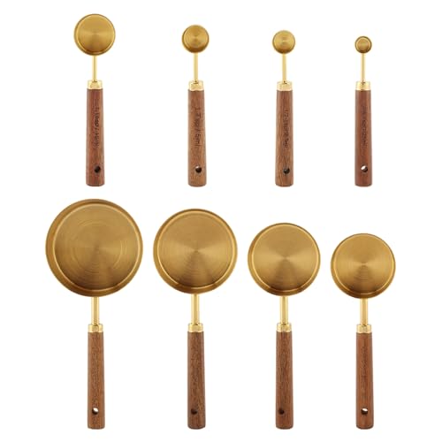 8Pcs Gold Measuring Cups and Spoons Set, Golden Stainless Steel Measuring Cups with Wooden Handle and 4 Measuring Spoons Set for Kitchen Baking Cooking