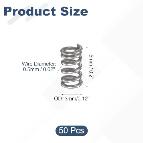 uxcell 50Pcs 304 Stainless Steel Compression Springs, 0.5mm x 3mm x 5mm Small & Tiny Pen Spring for Home Repair & DIY, Workshop & Industrial Use, (Silver Tone) - size: 3mmx5mm