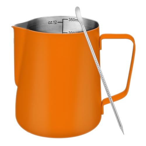 Amrules Milk Frothing Pitcher, 12 oz Milk Frother Cup with Clear Scale, 304 Stainless Steel Cappuccino Espresso Machine Accessories for Barista Coffee Bar with Latte Art Pen, Orange - color: Orange, size: 12 Ounces