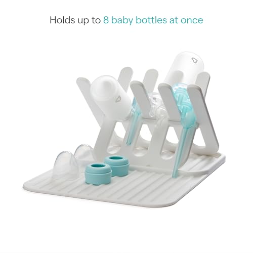 Munchkin Bottle Drying Rack and Mat, Holds 8 Bottles, Pump Parts, Pacifiers, & Accessories, Space Saving Folding Design, Home and Travel Use, Silicone, White
