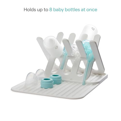 Munchkin Bottle Drying Rack and Mat, Holds 8 Bottles, Pump Parts, Pacifiers, & Accessories, Space Saving Folding Design, Home and Travel Use, Silicone, White