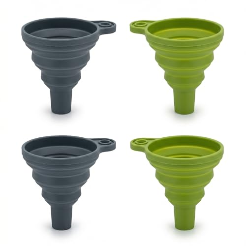 Kitchen Funnel 4 Pack, Food Grade Plastic Funnel Set for Filling Bottles, Canning & Mason Jars, Wide Mouth Easy Pour Design – 2 Green + 2 Grey