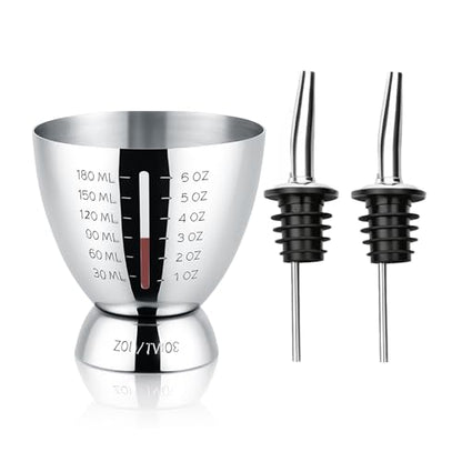 Cocktail Measuring Jigger for Bartending with Graduated Markings 1 oz to 6oz Heavy Duty 18/8 Multi-Unit Measure Stainless Steel Shot Measure Cup with 2 Pour Spouts - color: #2 Silver & 2 Spouts