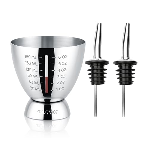 Cocktail Measuring Jigger for Bartending with Graduated Markings 1 oz to 6oz Heavy Duty 18/8 Multi-Unit Measure Stainless Steel Shot Measure Cup with 2 Pour Spouts - color: #2 Silver & 2 Spouts