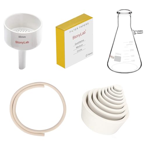 stonylab Filter Kit and Filter Paper Bundle, Porcelain Buchner Funnel 80mm and 250 ml Borosilicate Glass Filtering Flask and Filter Adapter Cones and Vacuum Rubber Tubing and Filter Paper