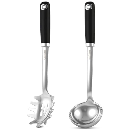 Safring Stainless Steel Soup Ladle and Spaghetti Spoon Set, Heat Resistant Rubber Handle, Dishwasher Safe, Kitchen Utensils for Cooking, Stirring, Serving Pasta, Soup & Sauce (black) - color: Black