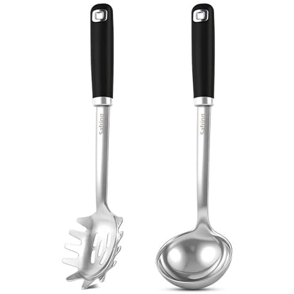 Safring Stainless Steel Soup Ladle and Spaghetti Spoon Set, Heat Resistant Rubber Handle, Dishwasher Safe, Kitchen Utensils for Cooking, Stirring, Serving Pasta, Soup & Sauce (black) - color: Black