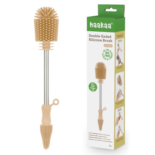 Haakaa Silicone Cleaning Brush Kit – Household Cleaning Brushes for Bottles and Crevices – Food-Grade Silicone: Dishwasher Safe (Brush-Champagne) - color: Brush-champagne