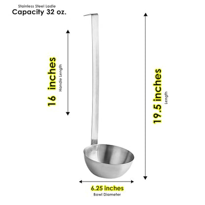 Stainless Steel Ladle, 32 oz – Heavy-Duty 2-Piece Construction, Long Handle, Hooked Design for Easy Storage – Perfect for Soup, Stew, Chili, Sauce, and Commercial Kitchens (1, 32 Oz) - size: 32 Oz