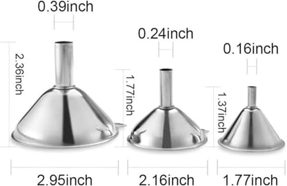 3 Pack Stainless Steel Funnels Set - Large & Small Food Grade Mini Metal Kitchen Funnels for Transferring Essential Oils, Liquids, Fluids, and Filling Bottles or Flasks，Silver
