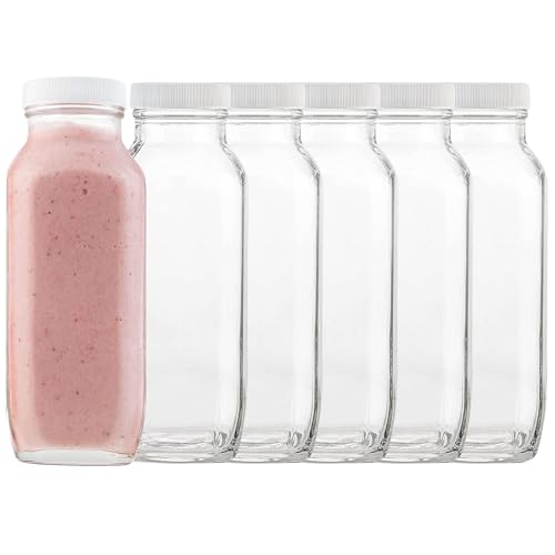 kitchentoolz 16oz Square Glass Milk Bottles with Lids Reusable Glass Bottles for Milk, Creamer, Juice, Smoothies, Kefir & Yogurt Airtight Vintage Drinking Jars for Lunch Box & Fridge 6 Pack - color: 16oz, style: 6 Pack