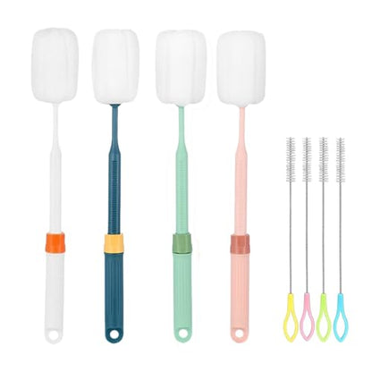 Dishwashing Foam Sponges Brush Telescopic Long Handle Scrubbing Brushes for Clean Dishes, Sinks,Cookware,Coffee Glasses Pot Milk Cup Mugs Wine Bottle (4pcs+4straw Brush) - size: 4pcs+4straw brush