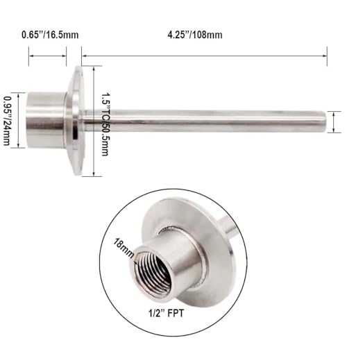 1.5"TC Thermowell 1/2" FNPT 4" Probe Stainless Steel Homebrew Kettle Conical Fermenter Thermowell