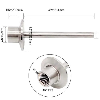1.5"TC Thermowell 1/2" FNPT 4" Probe Stainless Steel Homebrew Kettle Conical Fermenter Thermowell