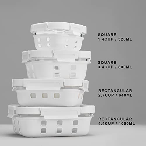 GENICOOK Glass Food Storage Meal Prep Containers - Food Grade Silicone Wrap & Air Release Vent, Rectangular shape - 8 Pc Set (4 Containers - 4 Matching Lids) - color: White silicone