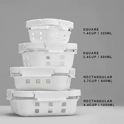 GENICOOK Glass Food Storage Meal Prep Containers - Food Grade Silicone Wrap & Air Release Vent, Rectangular shape - 8 Pc Set (4 Containers - 4 Matching Lids) - color: White silicone