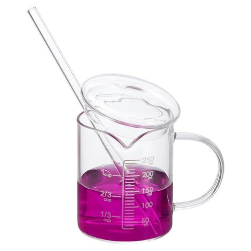 PATIKIL 250ml Glass Measuring Cup, Borosilicate Glass Beaker Graduated Liquid Measure Cups with Glass-Lid Straw V-Shaped Spout for Kitchen Drinking Restaurant, White Printed Scale - color: White Scale, size: 250ml