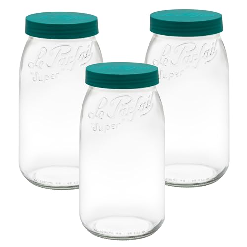 Le Parfait Eco-Friendly Zero Waste Wide Mouth Glass Jar with Airtight Screw Top Lid - Reusable French Storage Jar for Food, Soup, Flour, Sugar, Canning & Baking (3L/96oz, 3 Pack, Pine) - color: 3L-Pine (Set/3)