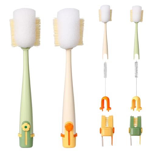 5 in 1 Bottle Cleaning Brush Set, 2026 Multifunctional Lid Brush Cleaning Tool Kitchen, Portable Long Handle Bottles Scrubber for Cup Lids, Hard Bristle Sponge Head Bottle Brushes (White and Green)