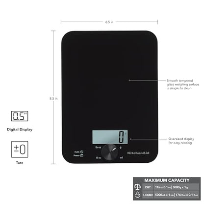 KitchenAid KQ914BA Digital Glass Top Kitchen and Food Scale, 11 lb Capacity, Measures Liquid & Dry Ingredients, Rotating Knob, Precise Results for Baking, Cooking, Keto and Meal Prep, Tare, Black - color: Black