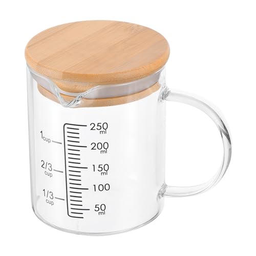 PATIKIL 250ml Glass Measuring Cup, 3.3 Borosilicate Glass Graduated Black Printed Scale Liquid Measure Cups Beaker with Wood Lid and V-Shaped Spout for Kitchen