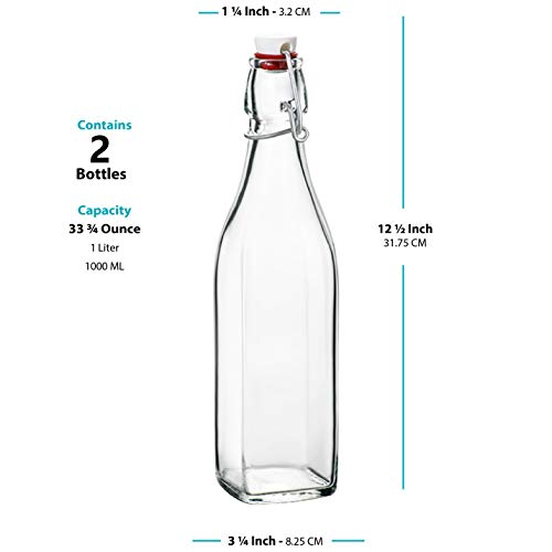 Clear SQUARE Swing Top Glass Bottles With Lids - 33.75 Oz - Airtight Flip Top Glass Water Bottles Great For Oil And Vinegar, Beverages, Juices, Smoothies - (2 Pack) (Not For Carbonated Beverages)