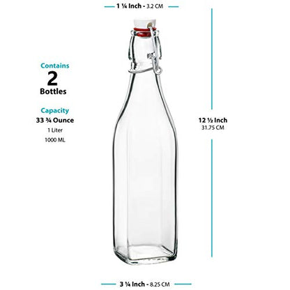 Clear SQUARE Swing Top Glass Bottles With Lids - 33.75 Oz - Airtight Flip Top Glass Water Bottles Great For Oil And Vinegar, Beverages, Juices, Smoothies - (2 Pack) (Not For Carbonated Beverages)