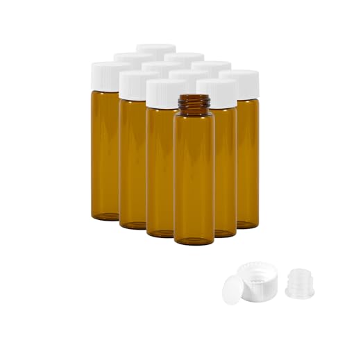 12PCS 20ml Amber Glass Vials with White Screw Caps and Plastic Stoppers, Leak-Proof Small Liquid Sample Bottles for Essential Oils, Perfumes, Reagents - color: AMBER, size: 20ml